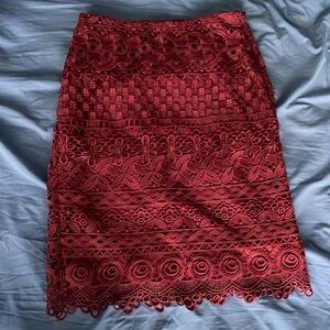 Loft eyelet/lacey dark red pencil skirt, size 0